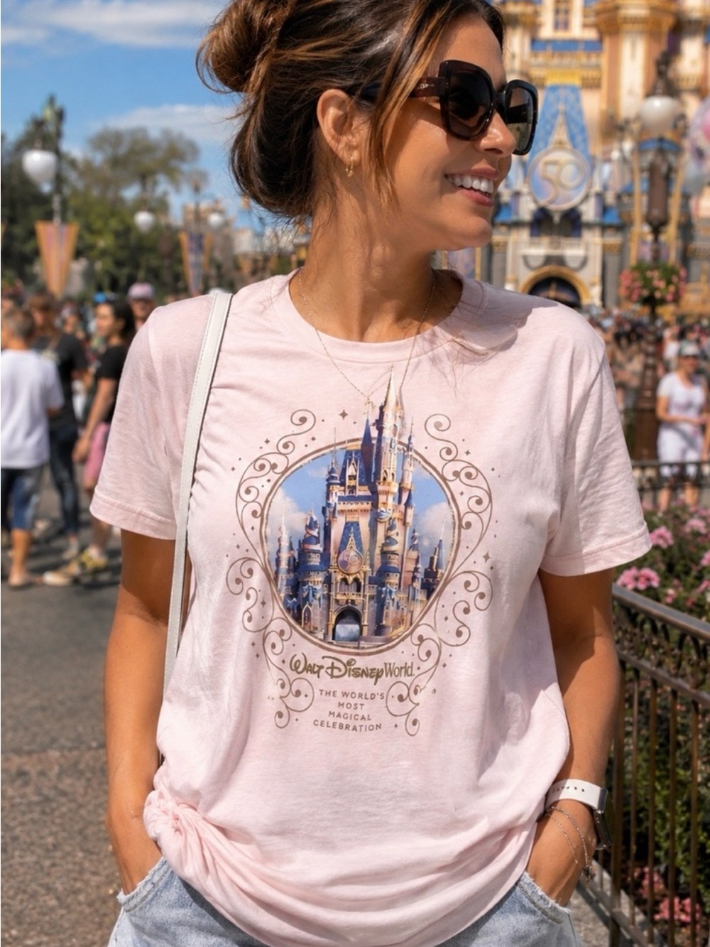 Walt Disney World Pink 50th Anniversary Castle Tee Sz. S